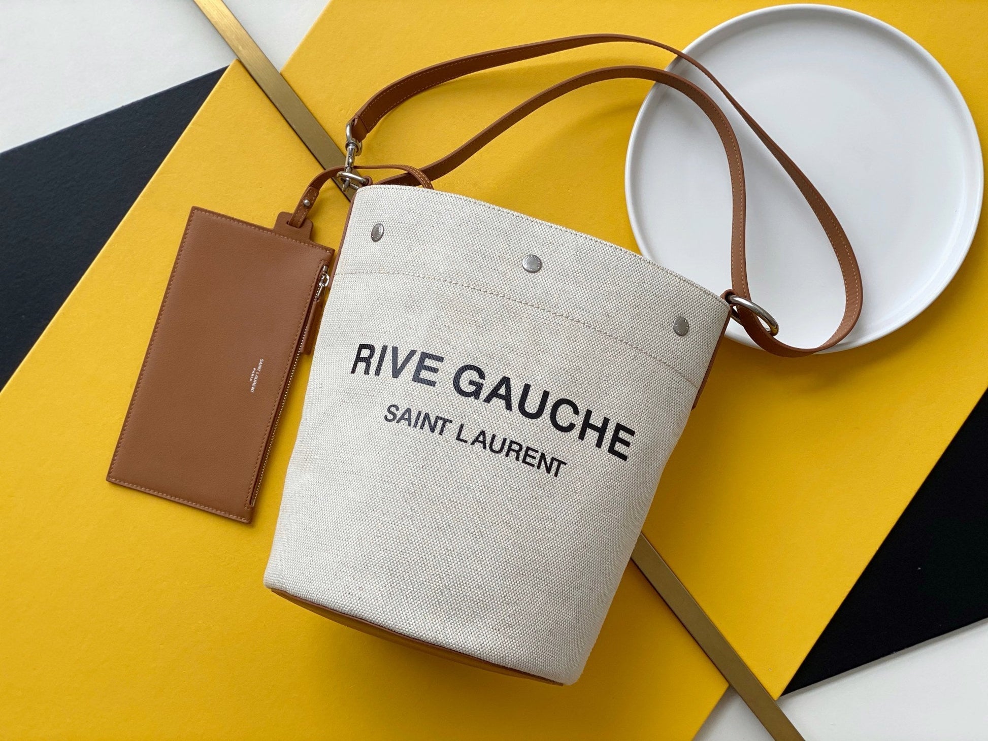 YSL Saint Laurent Rive Gauche Linen Strap 11in Brown Bucket Bag