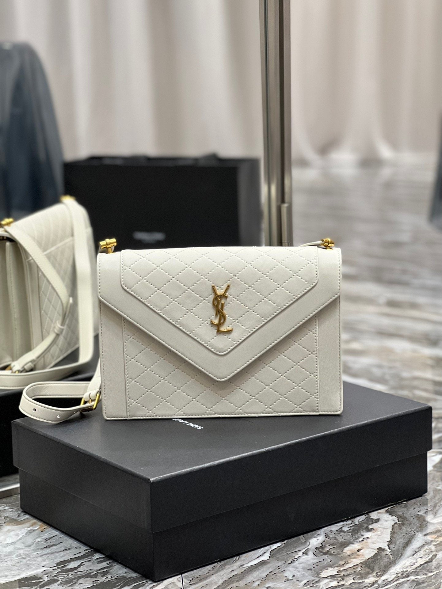 YSL Saint Laurent Gaby Toned Hardware 10in 26cm White Gold Satchel Bag