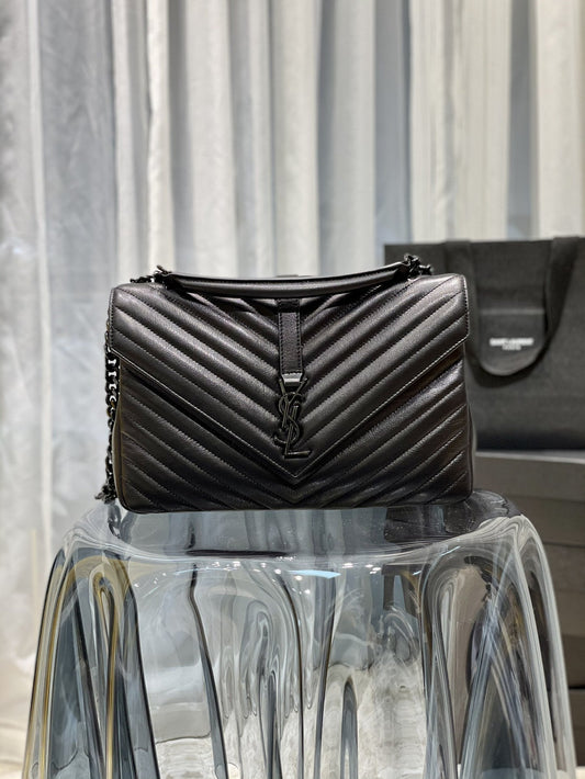 YSL Saint Laurent College Metal Toned Hardware 12in Black Large Chain Handbag