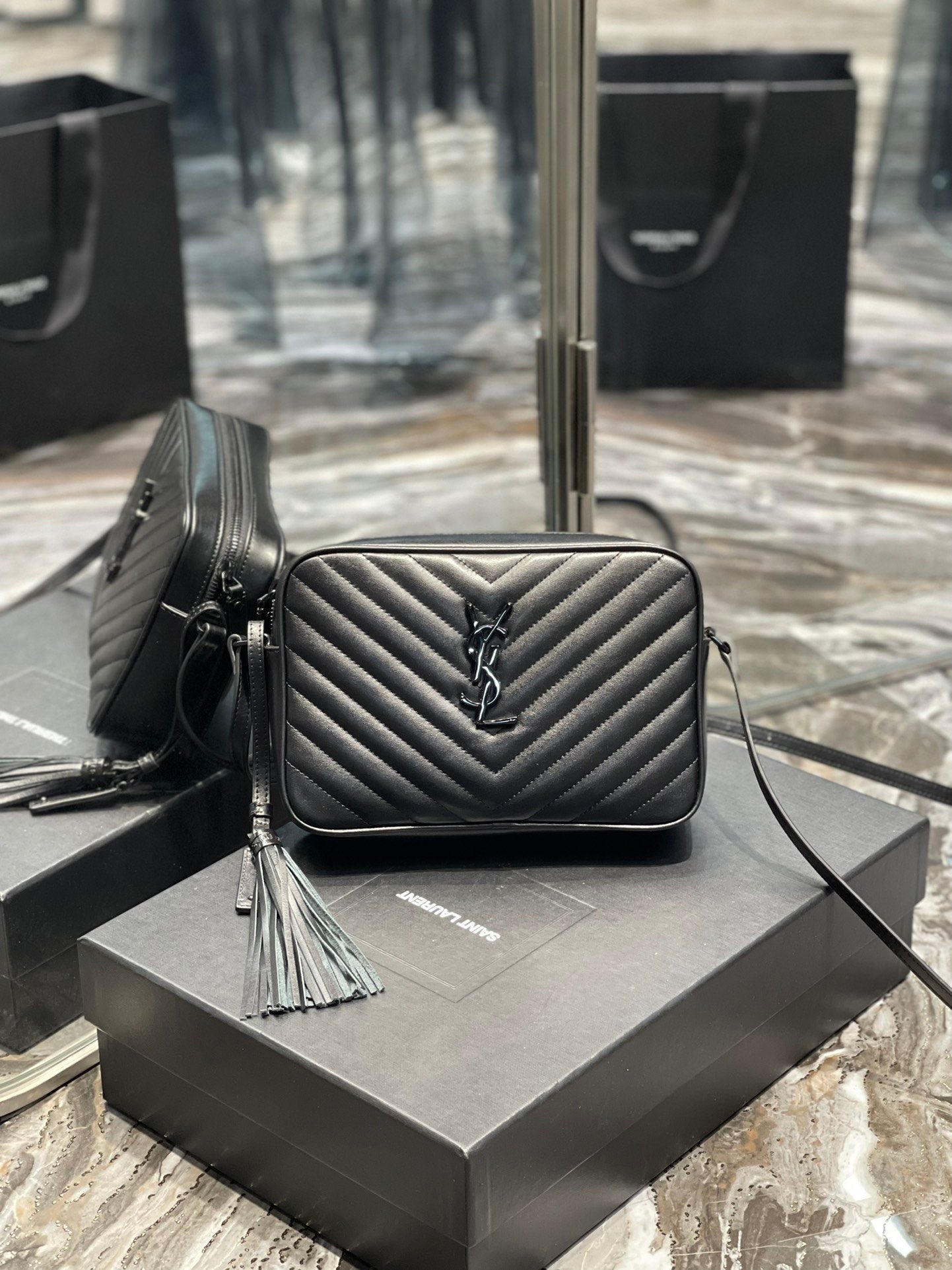YSL Saint Laurent Lou Camera Metal Hardware 9in Black Crossbody Bag