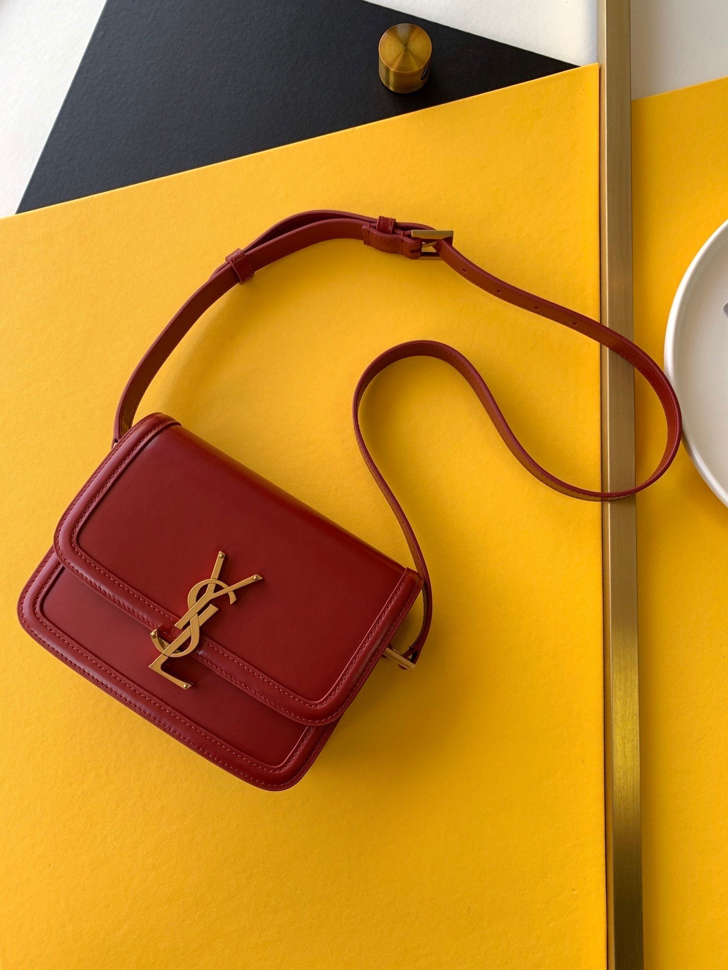YSL Saint Laurent Solferino Box Hardware 7in 19cm Red Gold Small Travel Bag