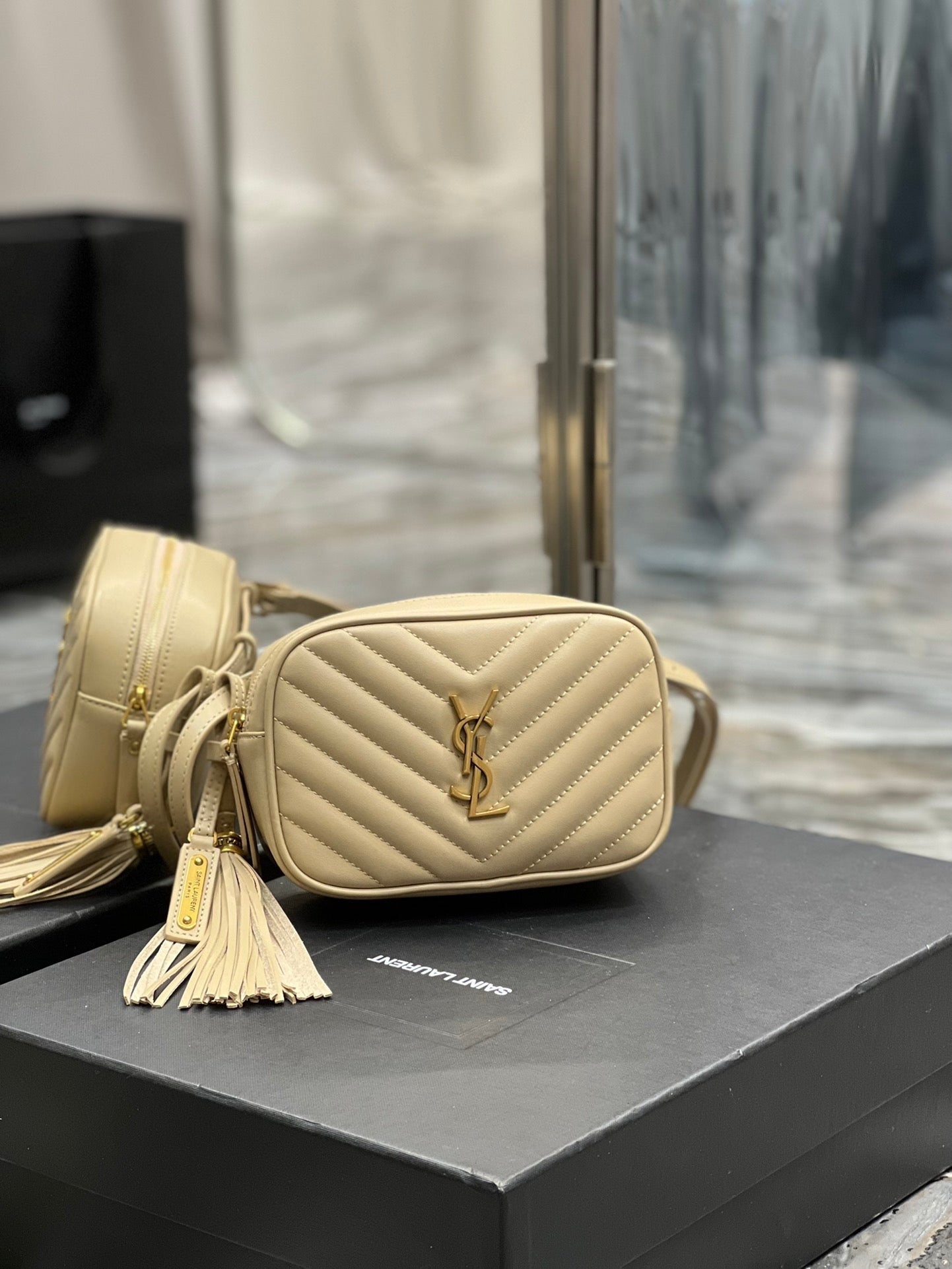 YSL Saint Laurent Lou Belt MatelassÃ© Toned Hardware Beige Gold Accessory