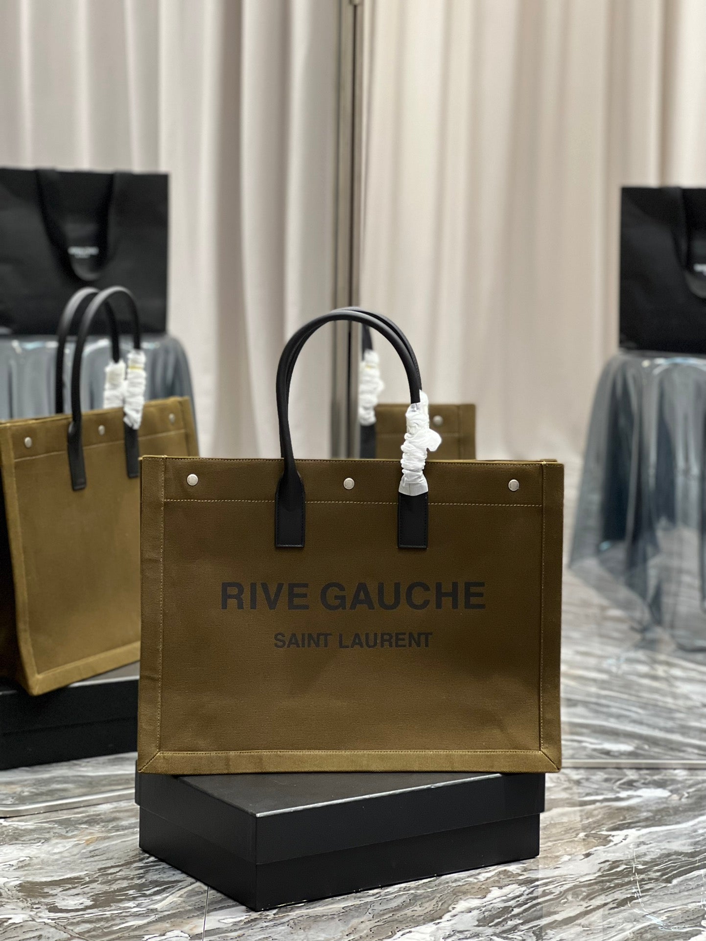 YSL Saint Laurent Rive Gauche Dark Kaki 18.9in Tote Bag