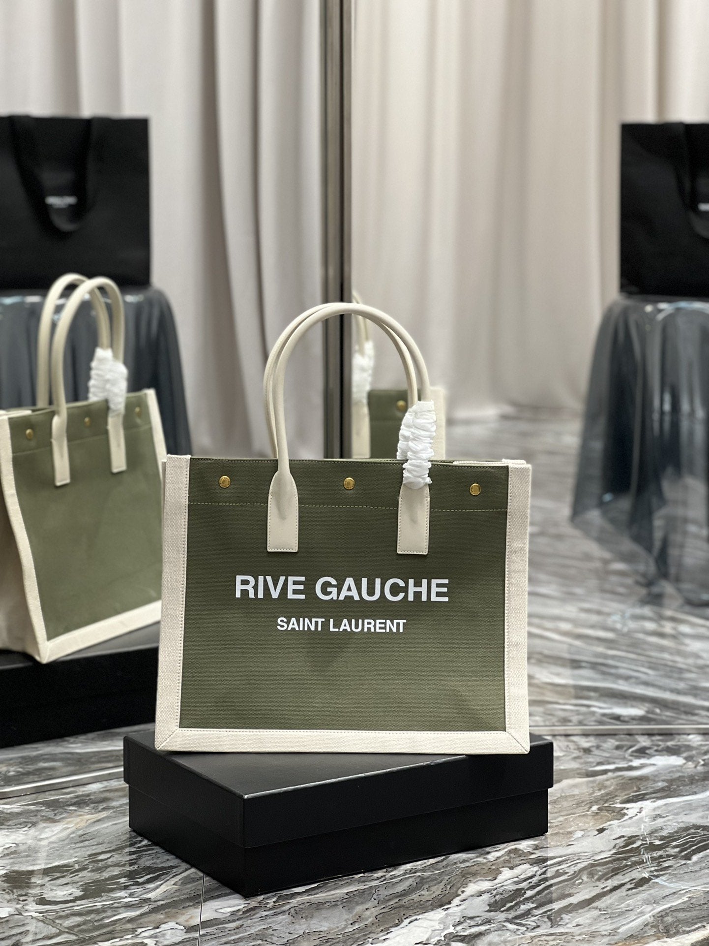YSL Saint Laurent Rive Gauche Linen Military 15in Green Small Tote Bag