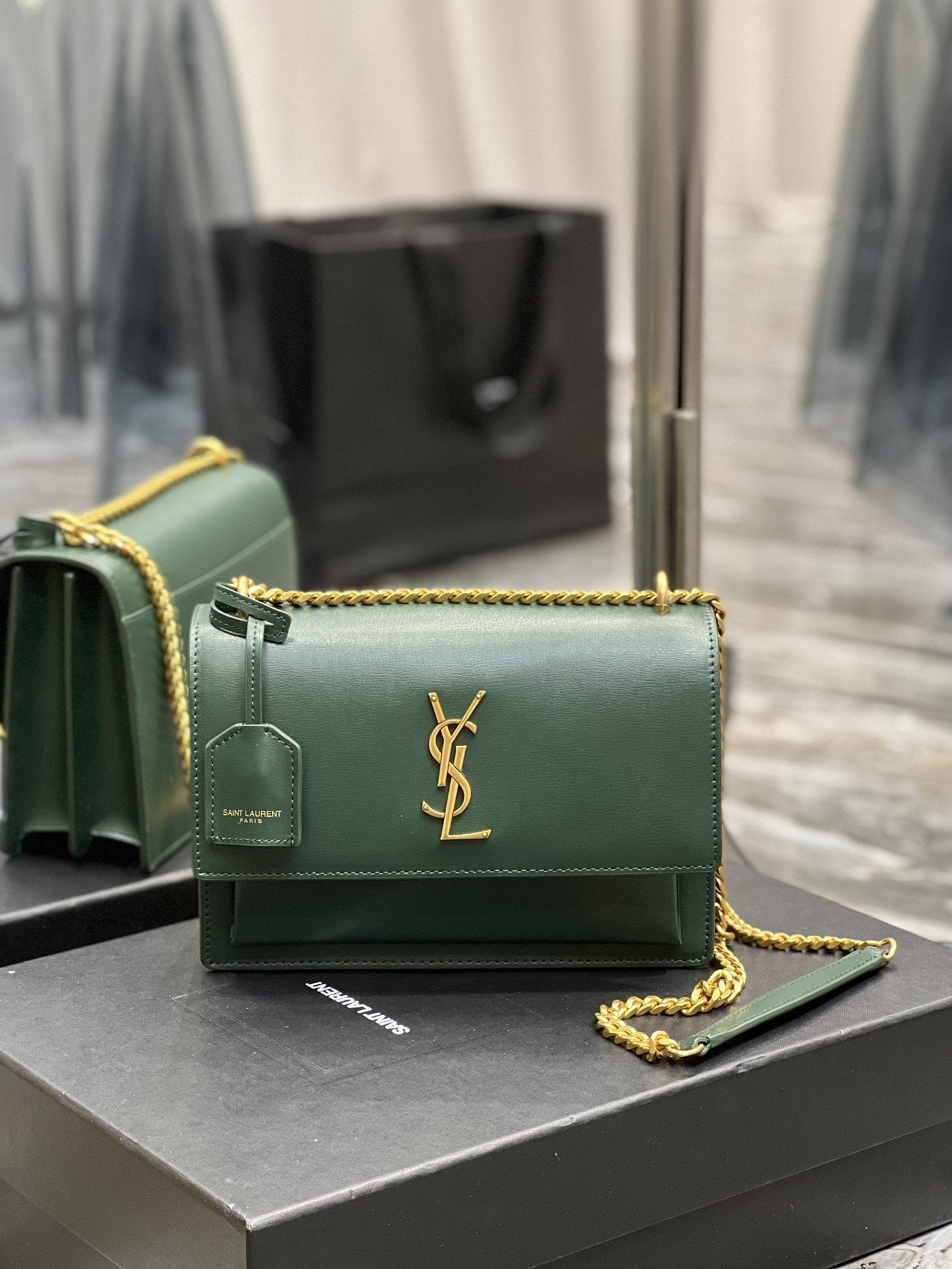 YSL Saint Laurent Sunset 8in 22cm Green Medium Chain Handbag