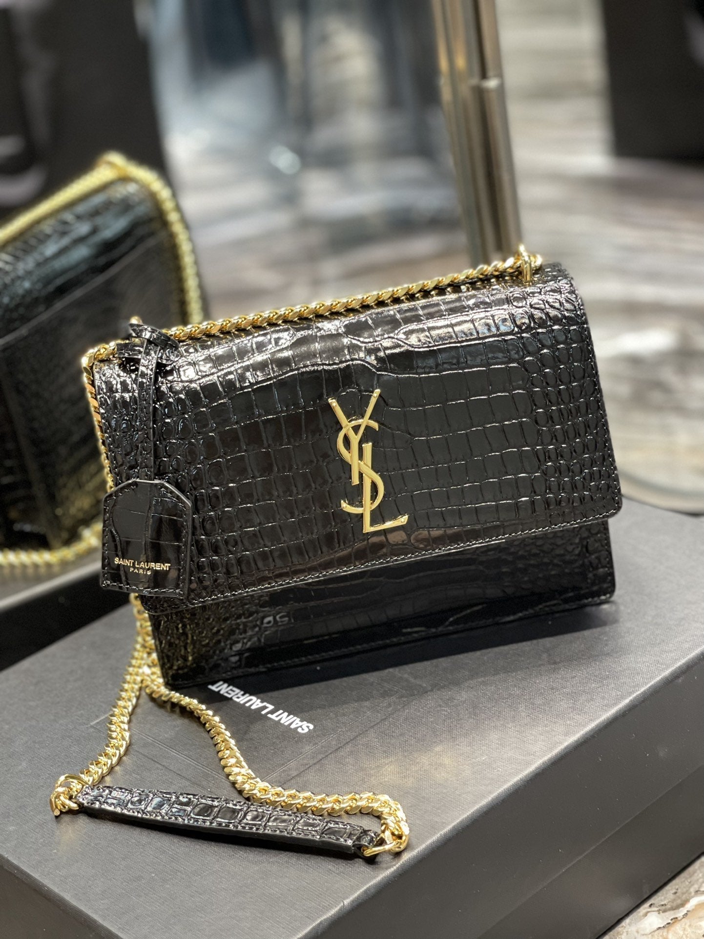 YSL Saint Laurent Sunset Handbag Chain Travel Bag Women 86In22Cm Black