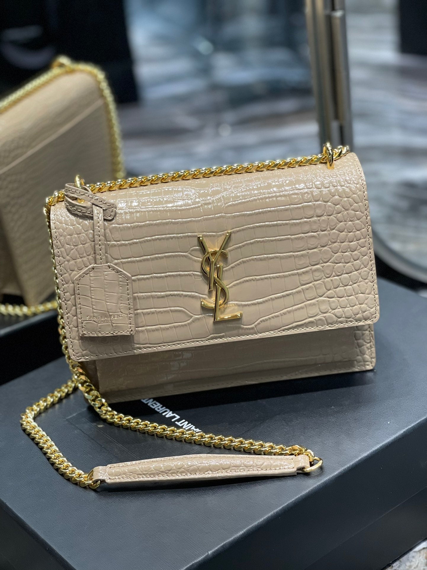 YSL Saint Laurent Sunset Handbag Chain Travel Bag Women 86In22Cm Beige