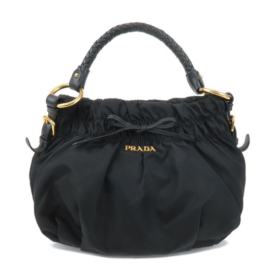 Prada Shoulder Bag Ribbon Hand Bag Leather Nylon Black