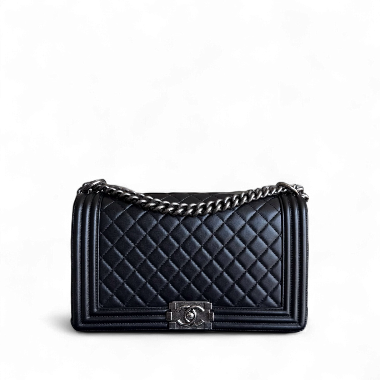 Chanel Boy New Medium - 28CM Quilted Lambskin Black Ruthenium Silver Hardware Series 21