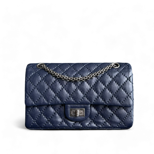 Chanel 2.55 225 Reissue - Small 24CM Quilted Grained Calfskin Dark Blue Ruthenium Silver Hardware Series 22