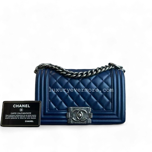 Chanel Boy Small - Quilted Lambskin Dark Blue Ruthenium Silver Hardware Series 21