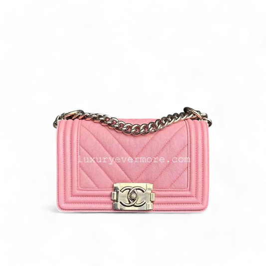 Chanel Boy Small - Caviar Chevron Calfskin Sakura Pink Golden Hardware Series 27