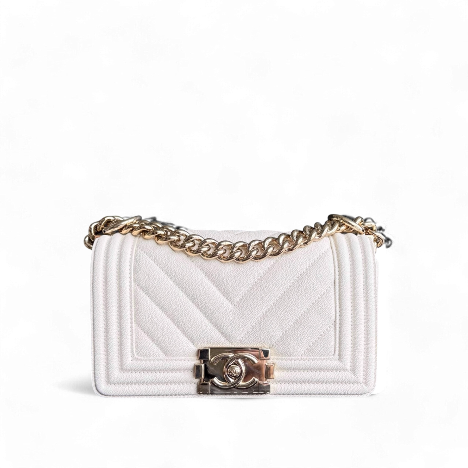 Chanel Boy Small - Caviar 20CM Chevron Cream White Gold Hardware Series 29