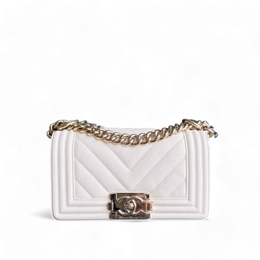 Chanel Boy Small - Caviar 20CM Chevron Cream White Gold Hardware Series 29