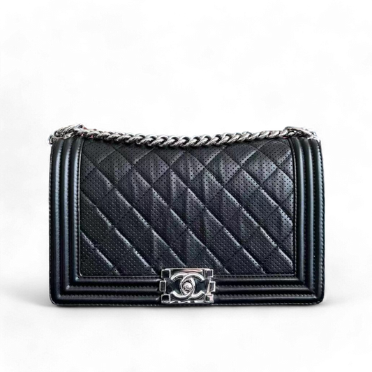 Chanel Boy Medium - 28CM Quilted Lambskin Perforated Black Silver Hardware Series 19