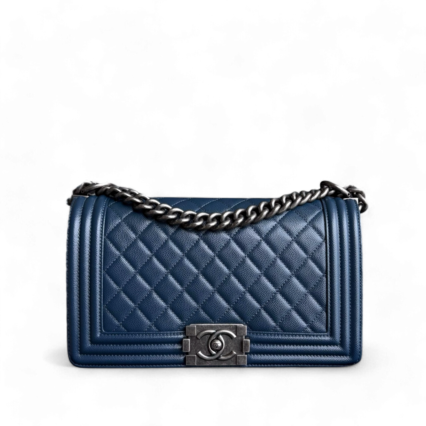 Chanel Boy Medium - Caviar 25CM Quilted Dark Navy Blue Ruthenium Silver Hardware Series 25