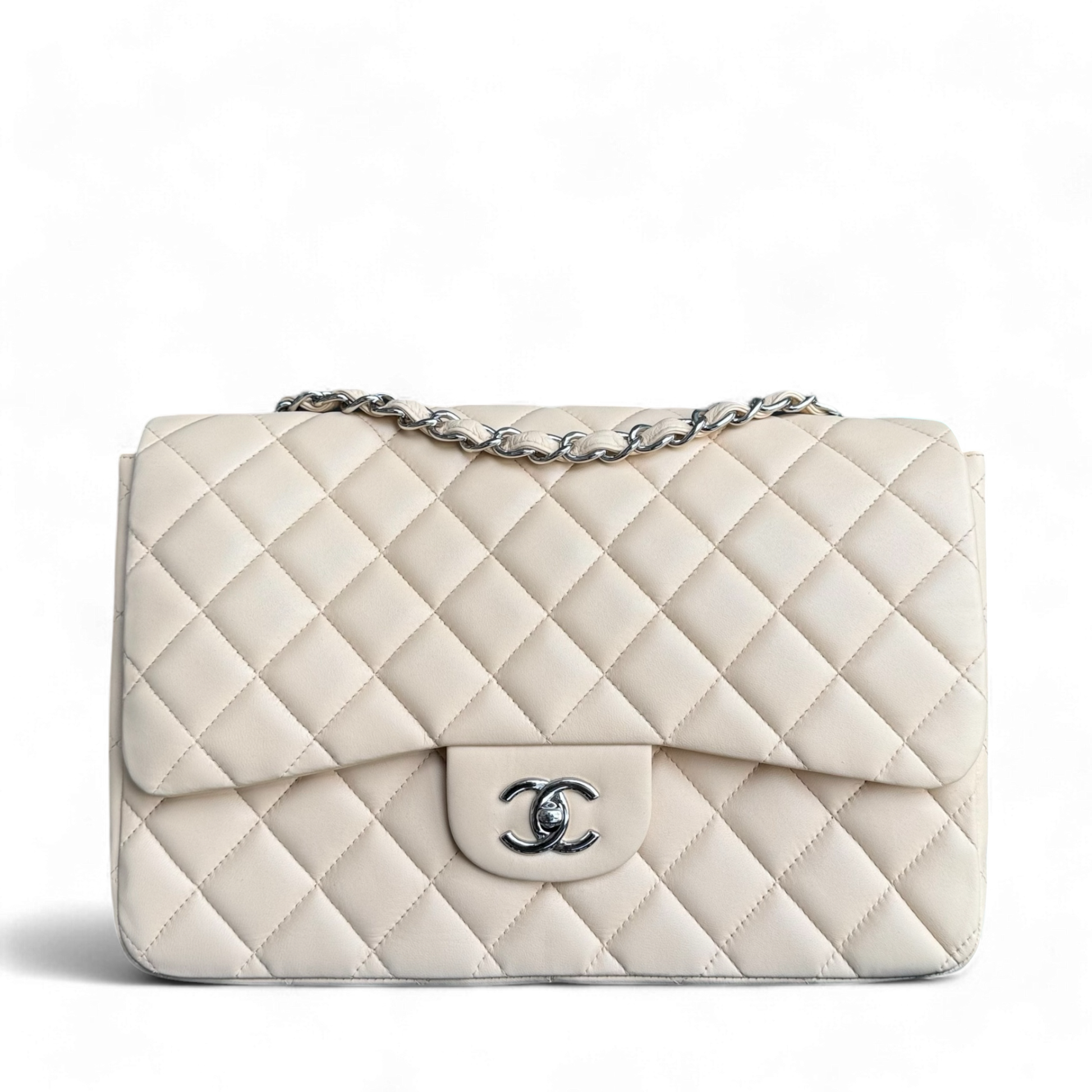 Chanel Classic Flap Jumbo - 30CM Quilted Single Flap Lambskin Beige Silver Hardware Series 13