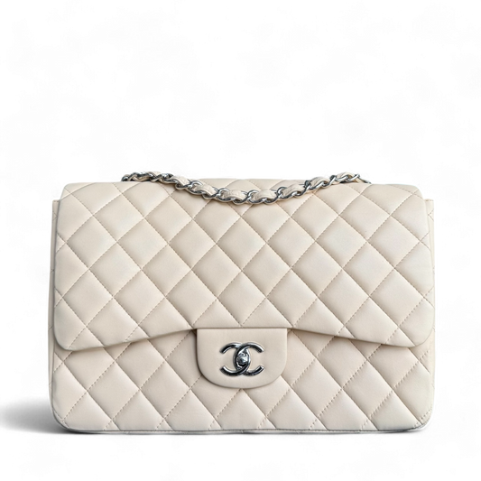 Chanel Classic Flap Jumbo - 30CM Quilted Single Flap Lambskin Beige Silver Hardware Series 13
