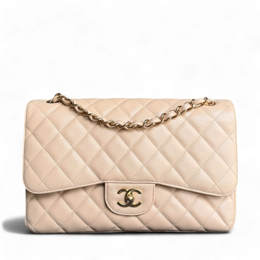 Chanel Classic Flap Jumbo - Caviar 30CM Double Flap Quilted Beige Gold Hardware Series 14