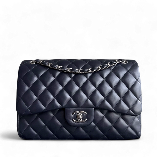 Chanel Classic Flap Jumbo - Double Flap Lambskin 30CM Quilted Dark Navy Blue Silver Hardware Series 16