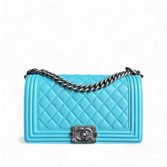Chanel Boy Medium - 25CM Quilted Lambskin Cyan Blue Ruthenium Silver Hardware Series 19