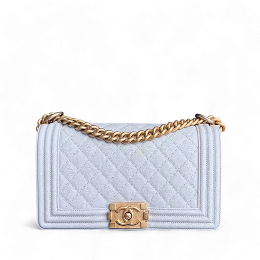 Chanel Boy Medium - Caviar 25CM Quilted Light Grey Gray Gold Hardware Series 25