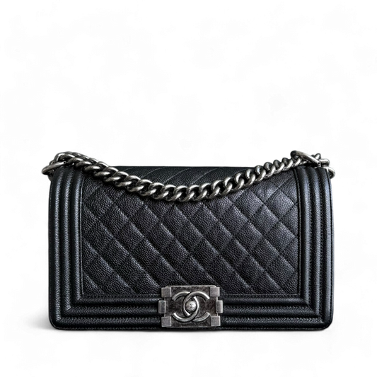 Chanel Boy Medium - Caviar 25CM Quilted Black Ruthenium Silver Hardware Series 23