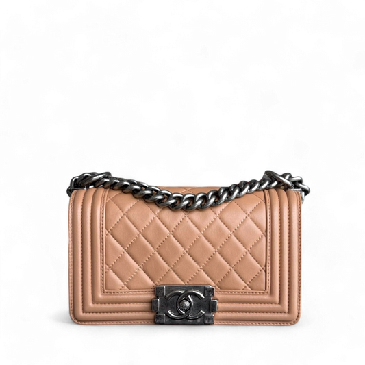 Chanel Boy Small - 20CM Quilted Lambskin Blush Caramel Ruthenium Silver Hardware Series 16