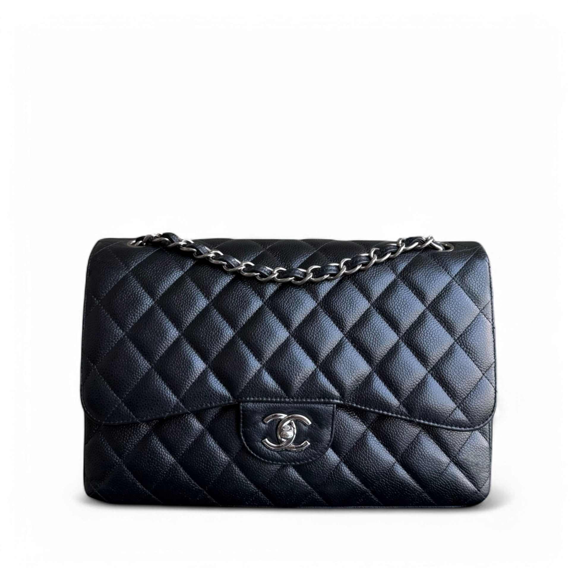 Chanel Classic Flap Jumbo - Caviar 30CM Double Flap Quilted Black Silver Hardware Series 18