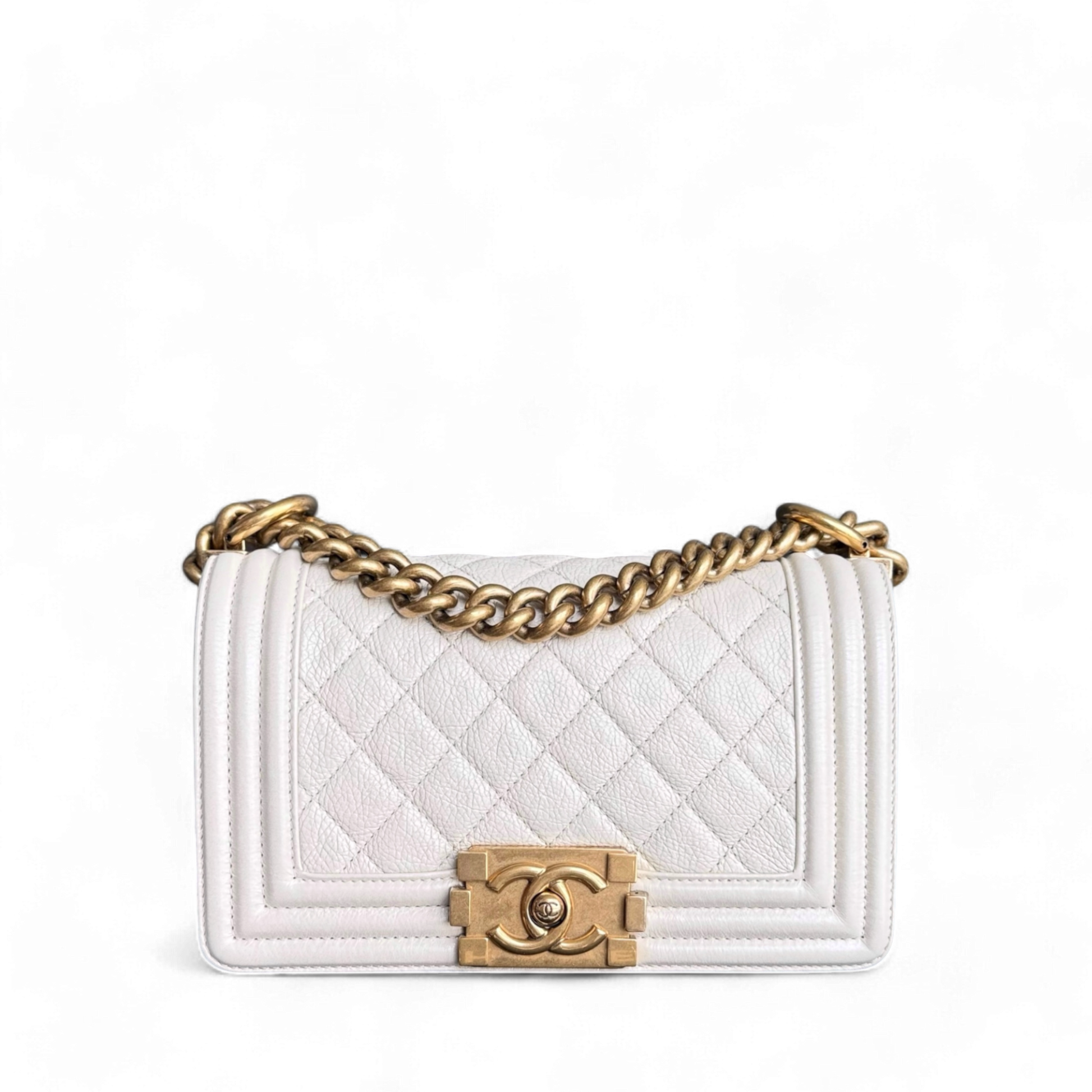 Chanel Boy Small - Grained Calfskin Quilted Cream White Gold Hardware Series 20