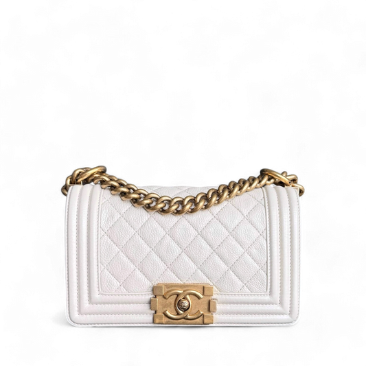Chanel Boy Small - Grained Calfskin Quilted Cream White Gold Hardware Series 20