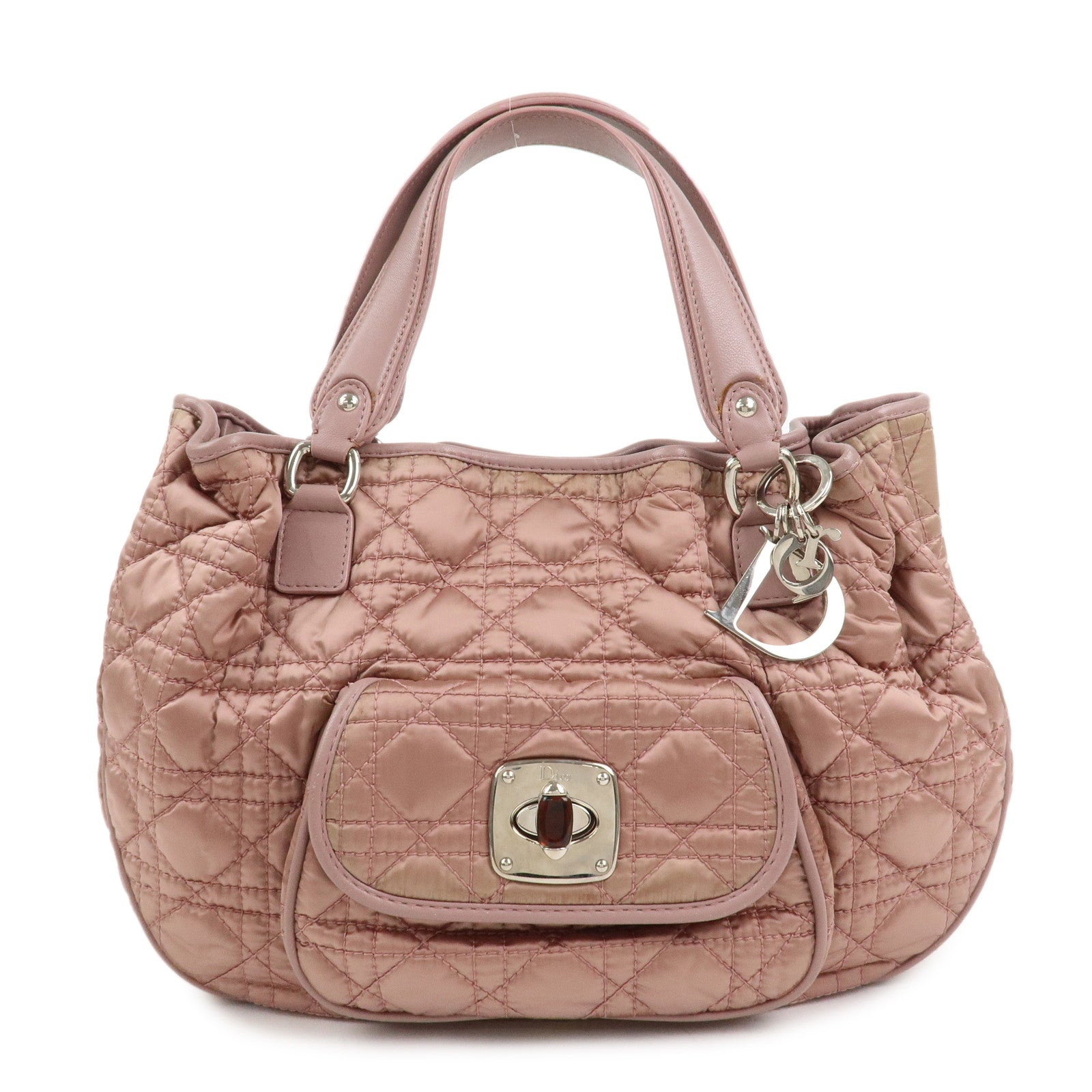 Dior Tote Bag Christian Cannage Hand Bag Leather Nylon Pink