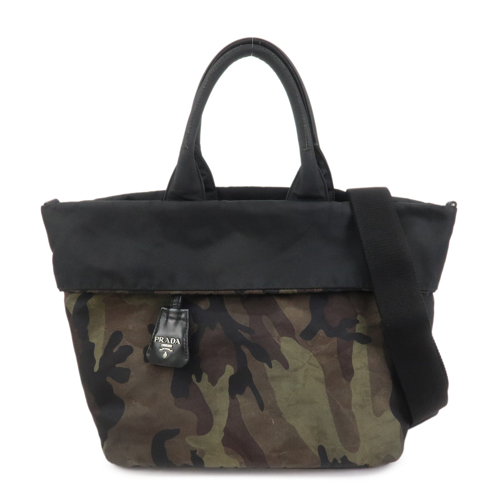 Prada Shoulder Bag Triangle 2Way Hand Khaki Nylon Black Logo
