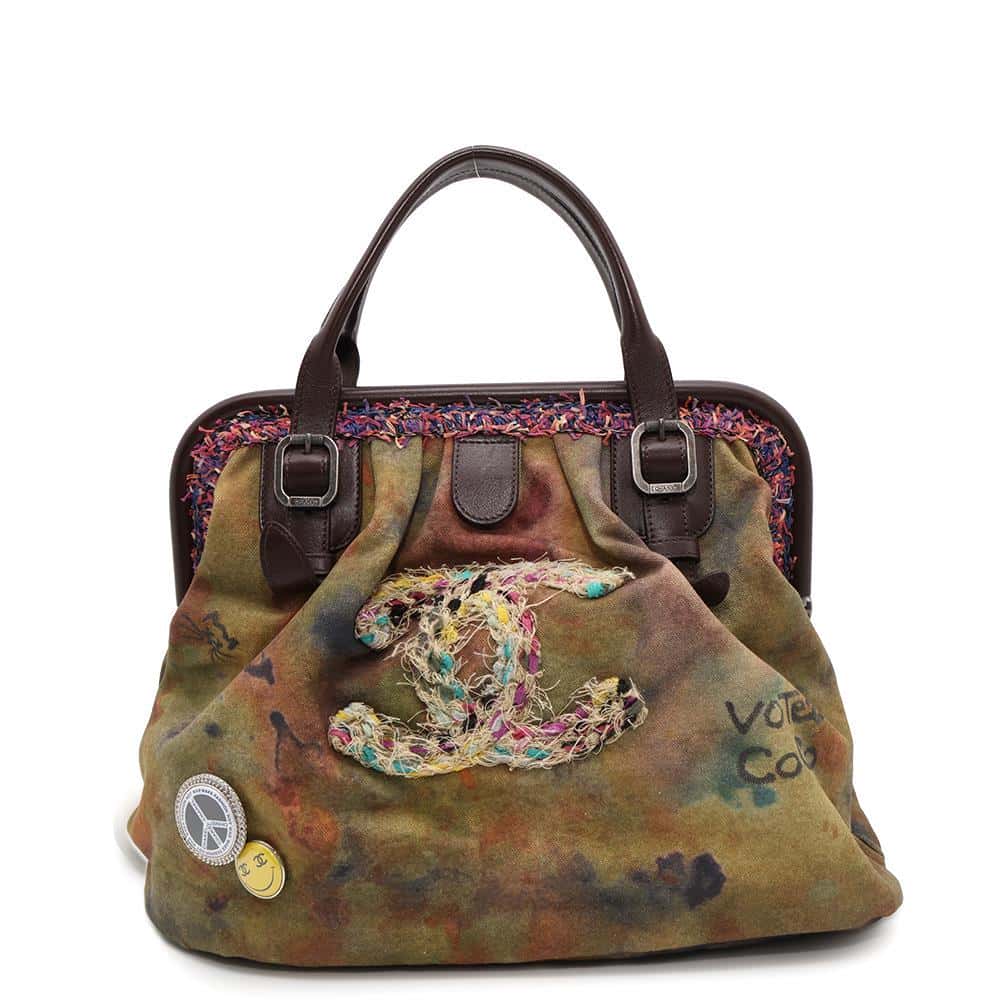 Chanel Embroidery Graffiti Khaki BrownA92791 Canvas Leather Handbag