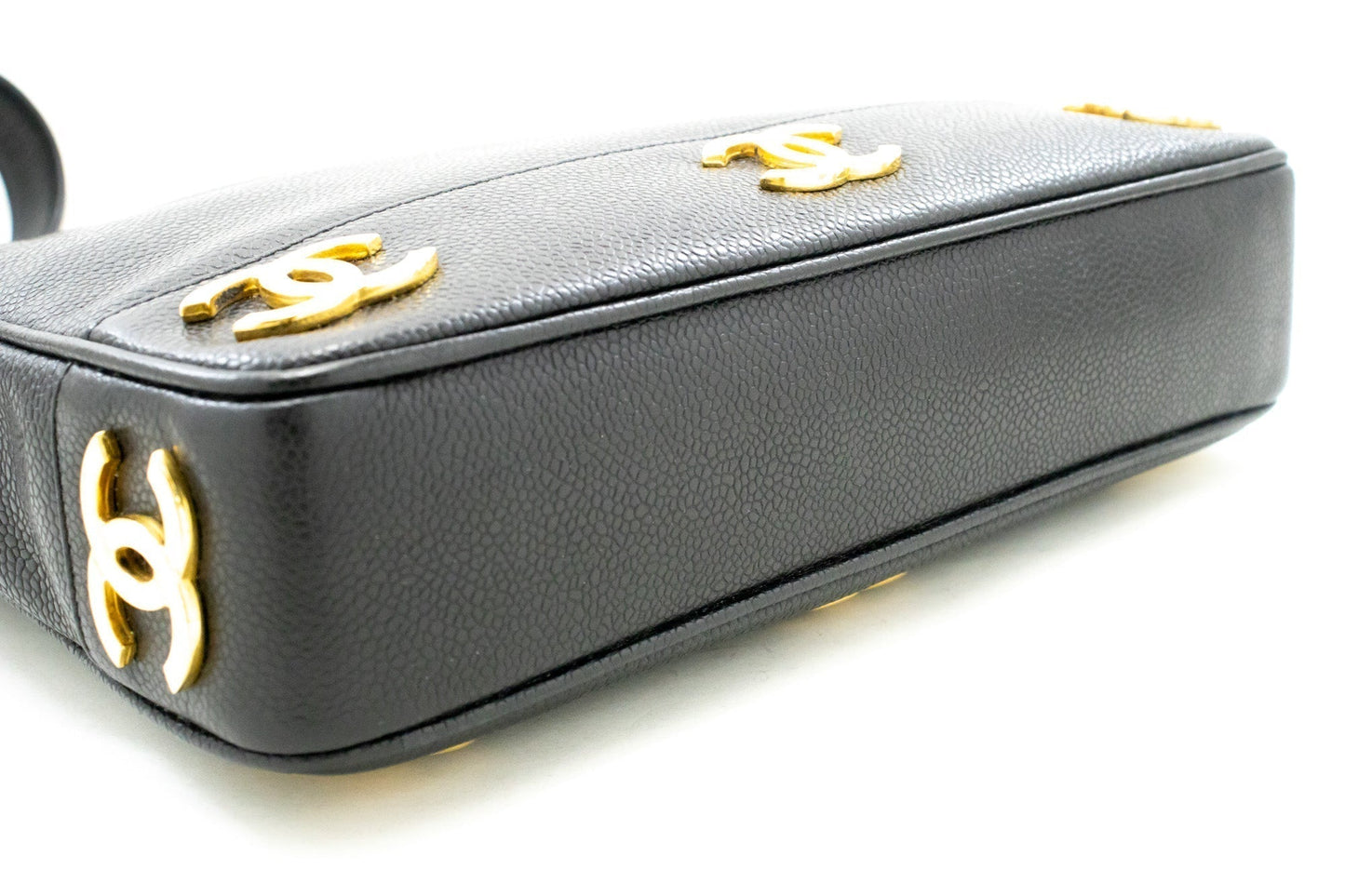 CHANEL Caviar Triple Coco Chain Shoulder Bag Black Leather Gold