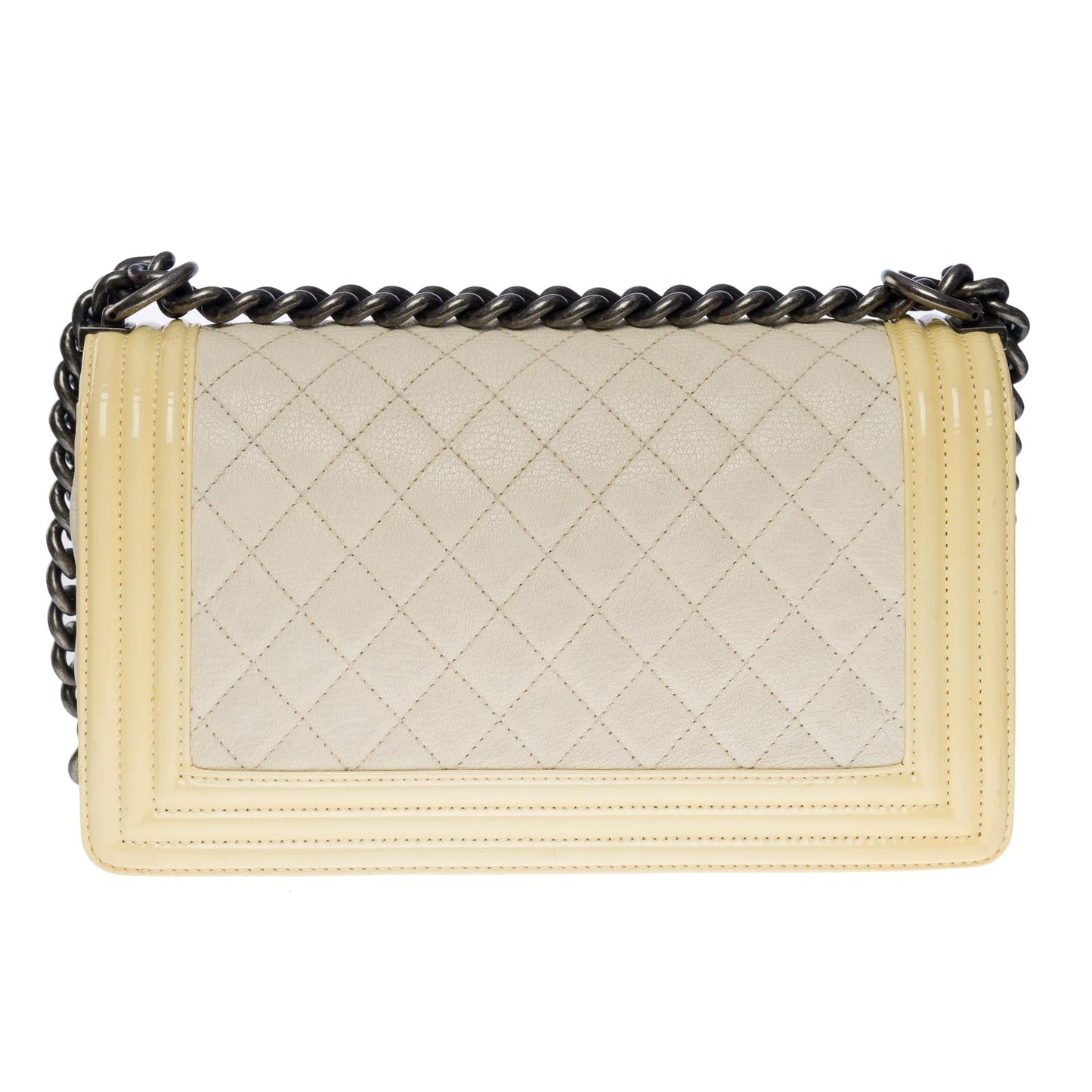 Chanel Boy medium shoulder bag in beige caviar & Yellow patent leather, SHW