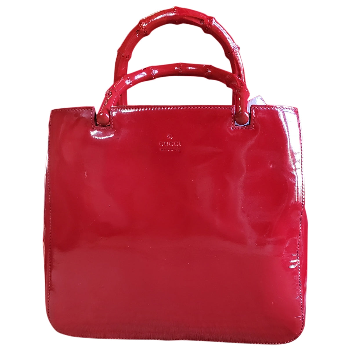 Gucci bamboo red patent leather handbag