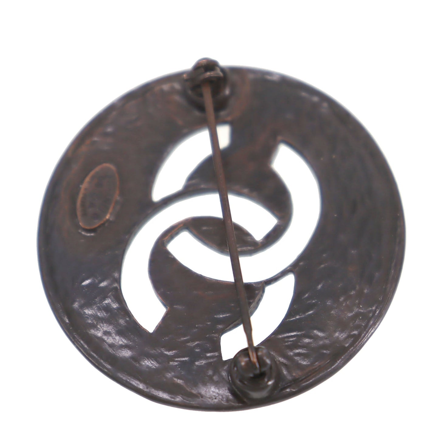 CHANEL CC Logos Circle Pin Brooch Dark Brown 98A #CD873