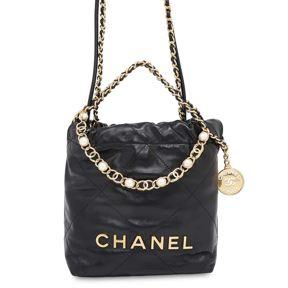 Chanel CHANEL22 Pearl Logo 2WAY BlackAS3980 Shiny Leather Shoulder Bag