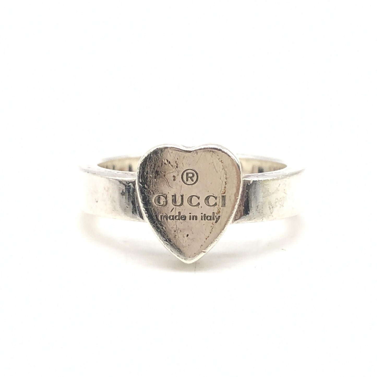 Gucci Sterling Silver Heart Trademark Ring, US Size Women's 5.5