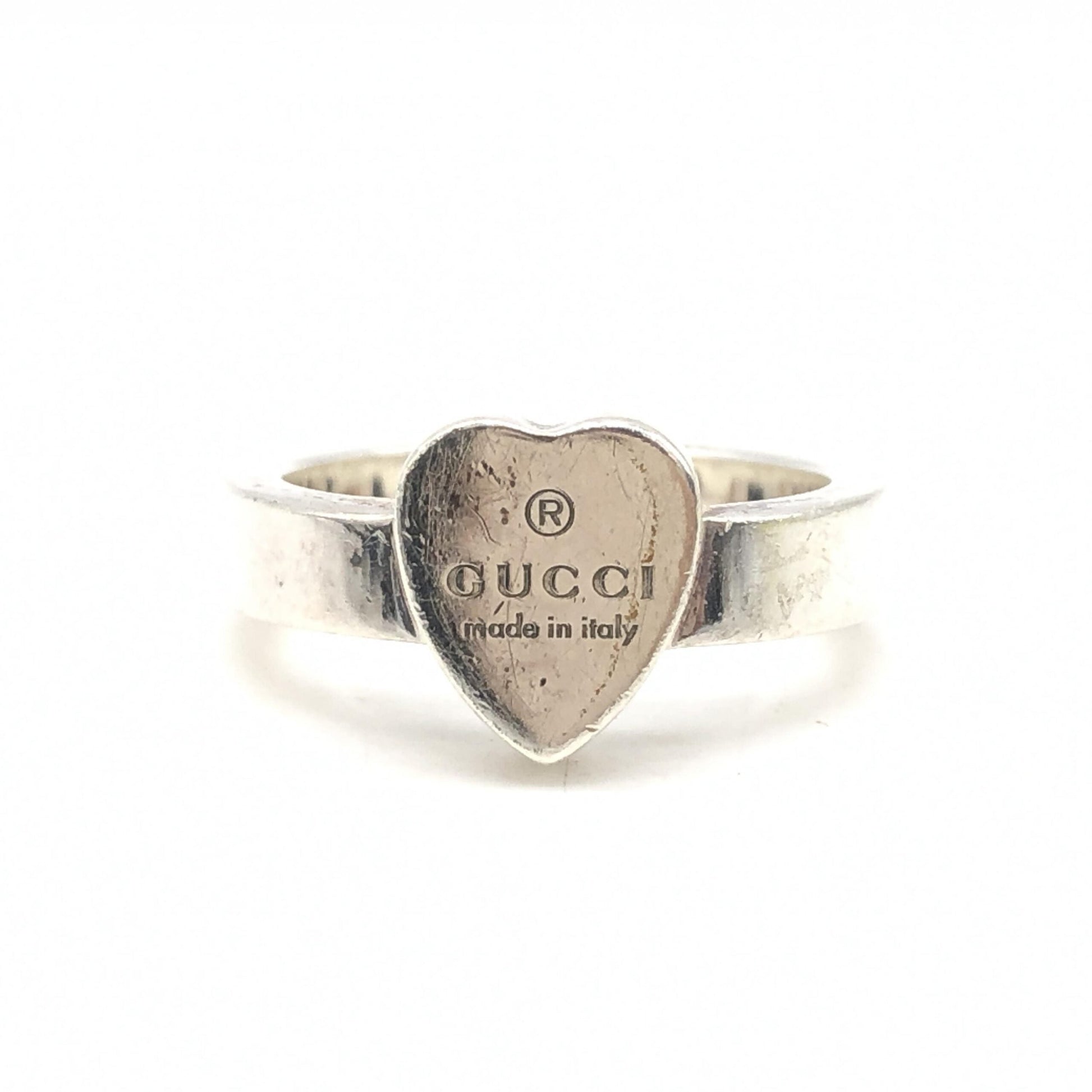 Gucci Sterling Silver Heart Trademark Ring, US Size Women's 5.5