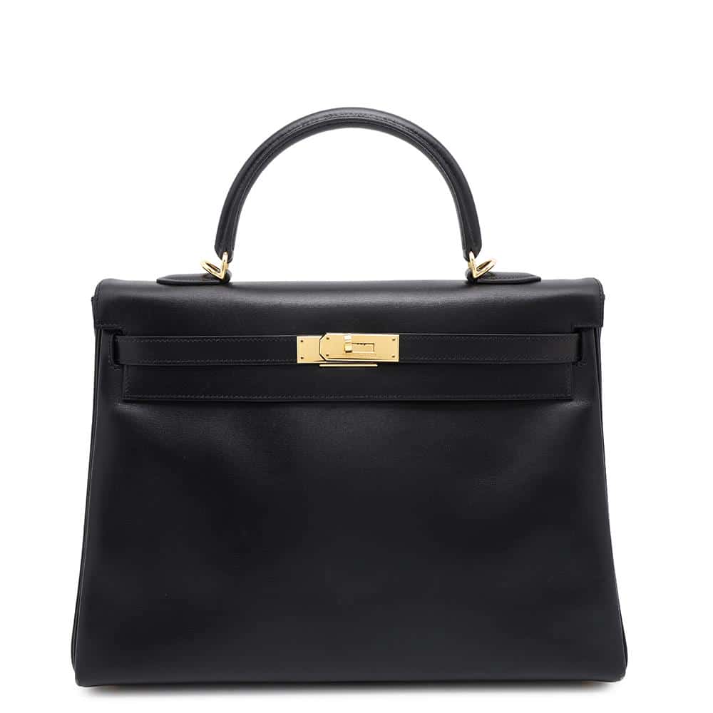 Kelly Retourne Box Calf Size Handbag Leather Black Travel Bag