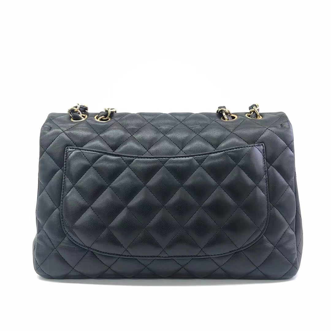 Chanel Classic Flap Jumbo Lambskin Single Flap Black Gold Leather Handbag