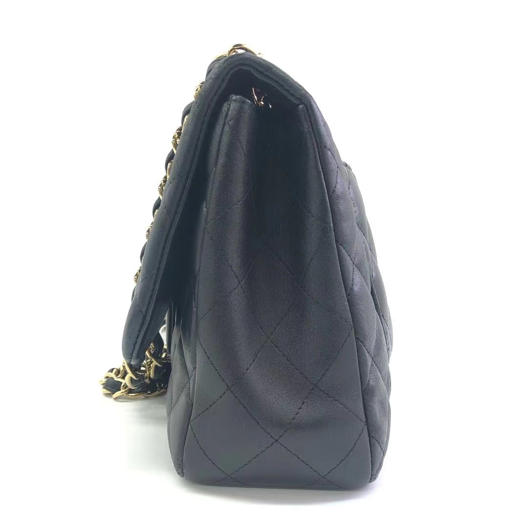 Chanel Classic Flap Jumbo Lambskin Single Flap Black Gold Leather Handbag