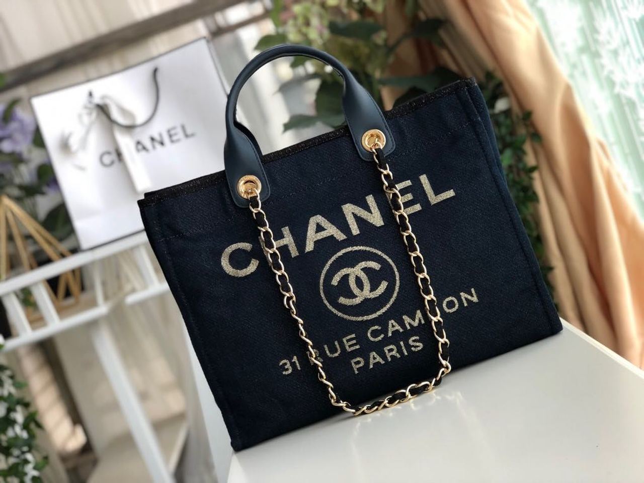 Chanel Deauville Tote Bag Dark For Women Canvas Blue
