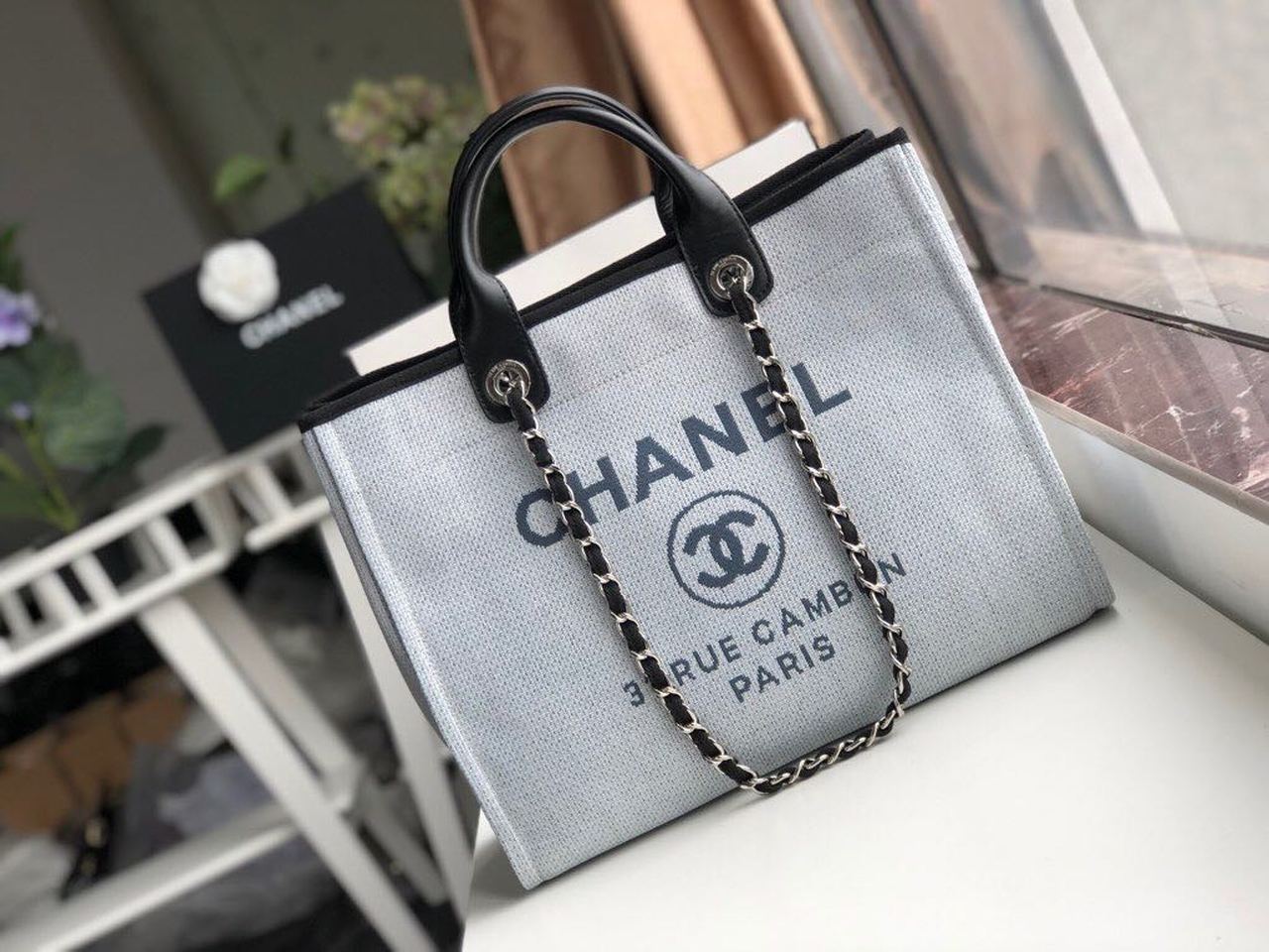 Chanel Deauville Tote Gray For Women White Tote Bag