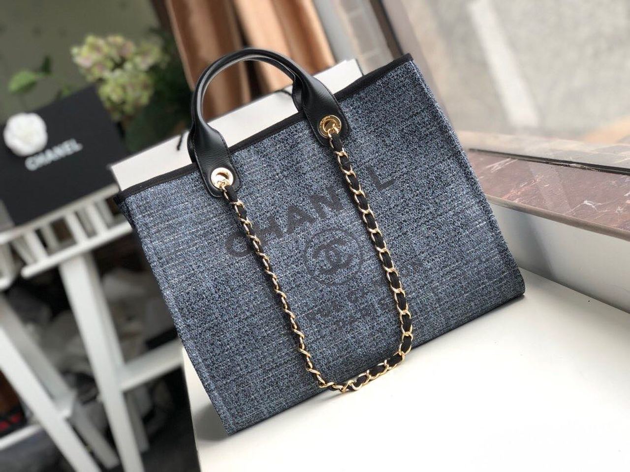 Chanel Deauville Tote For Women Black Blue Tote Bag