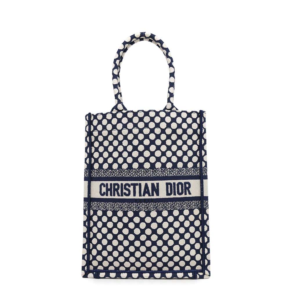 Dior Vertical Book Tote Dot Navy Handbag Canvas White Tote Bag
