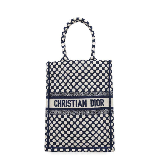 Dior Vertical Book Tote Dot Navy Handbag Canvas White Tote Bag