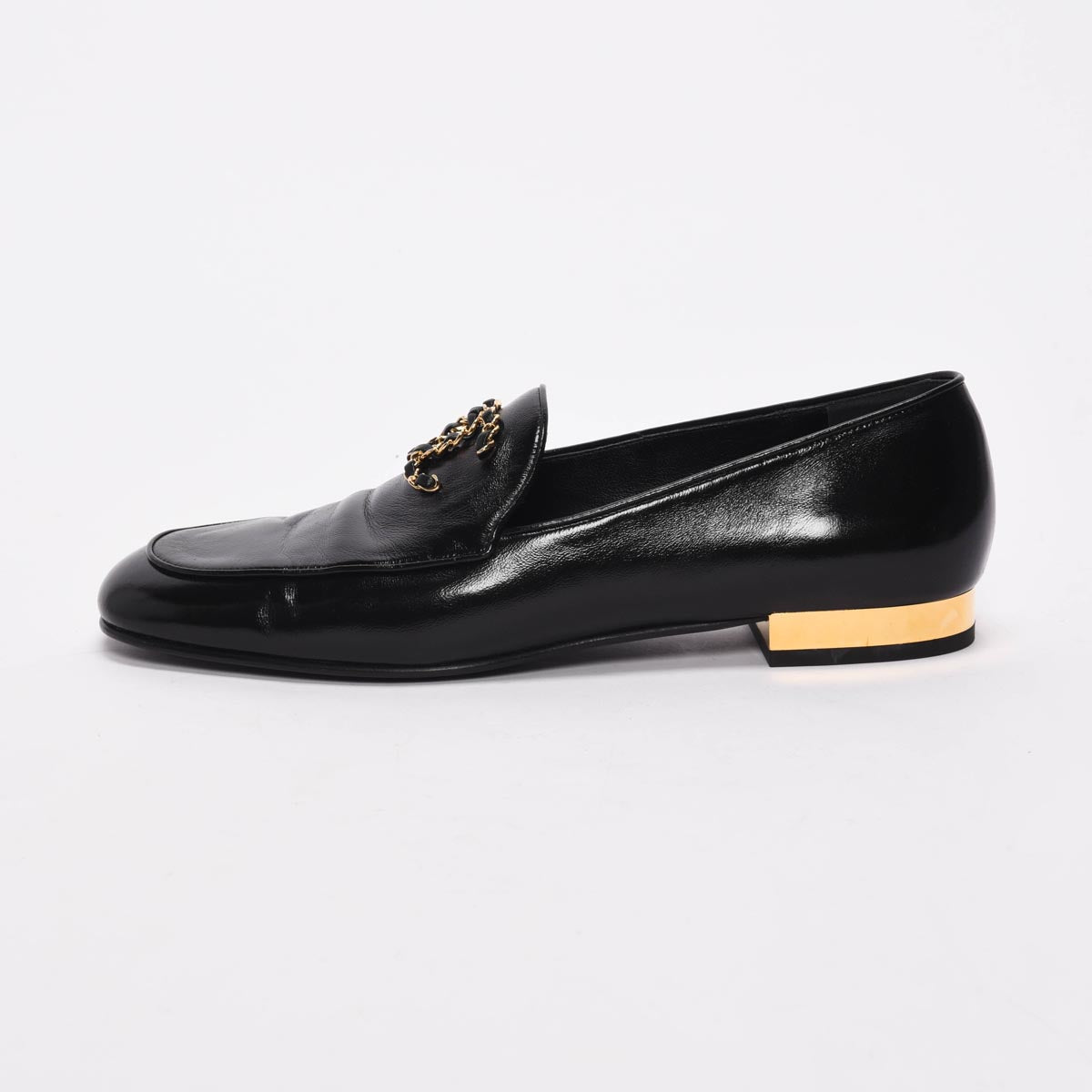 Chanel Black Glazed Goatskin Chain CC Loafers 41 for Women